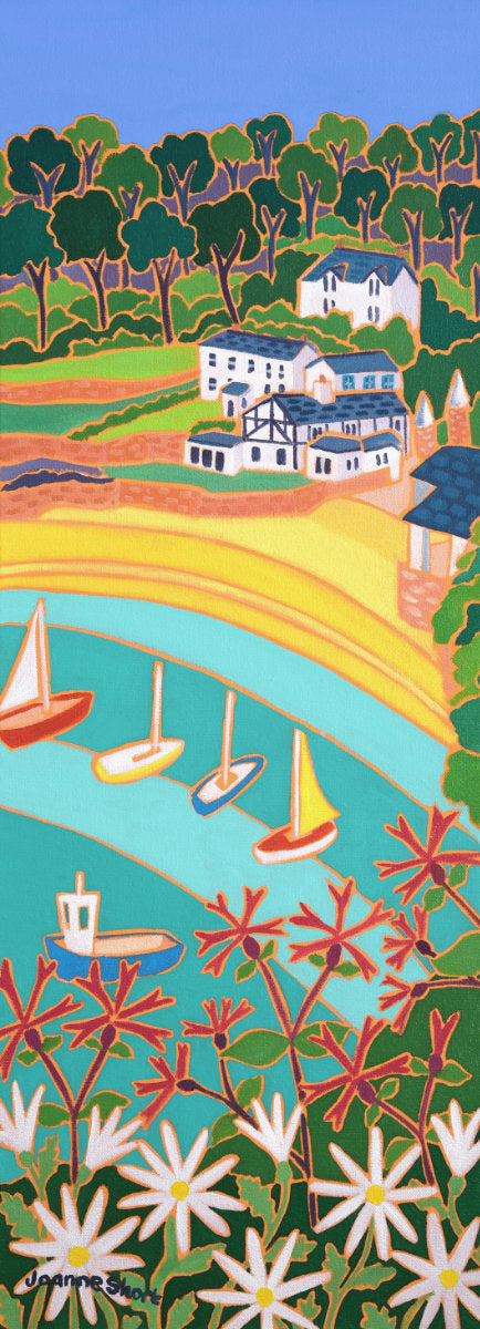 'Dinghies and Daisies, Readymoney Cove, Fowey',  24 x 9 inches oil on canvas. Painting by Cornish Artist Joanne Short