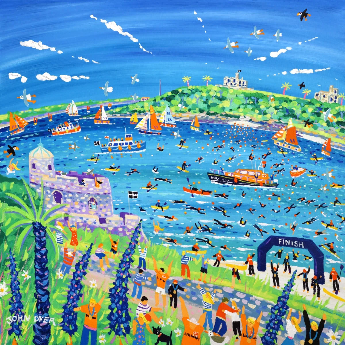 Original acrylic painting by Cornish artist John Dyer showing the Castle to Castle Swim from Falmouth to St Mawes, with swimmers, an RNLI boat, sailing boats, castles, spectators and bright blue Cornish coastal waters.