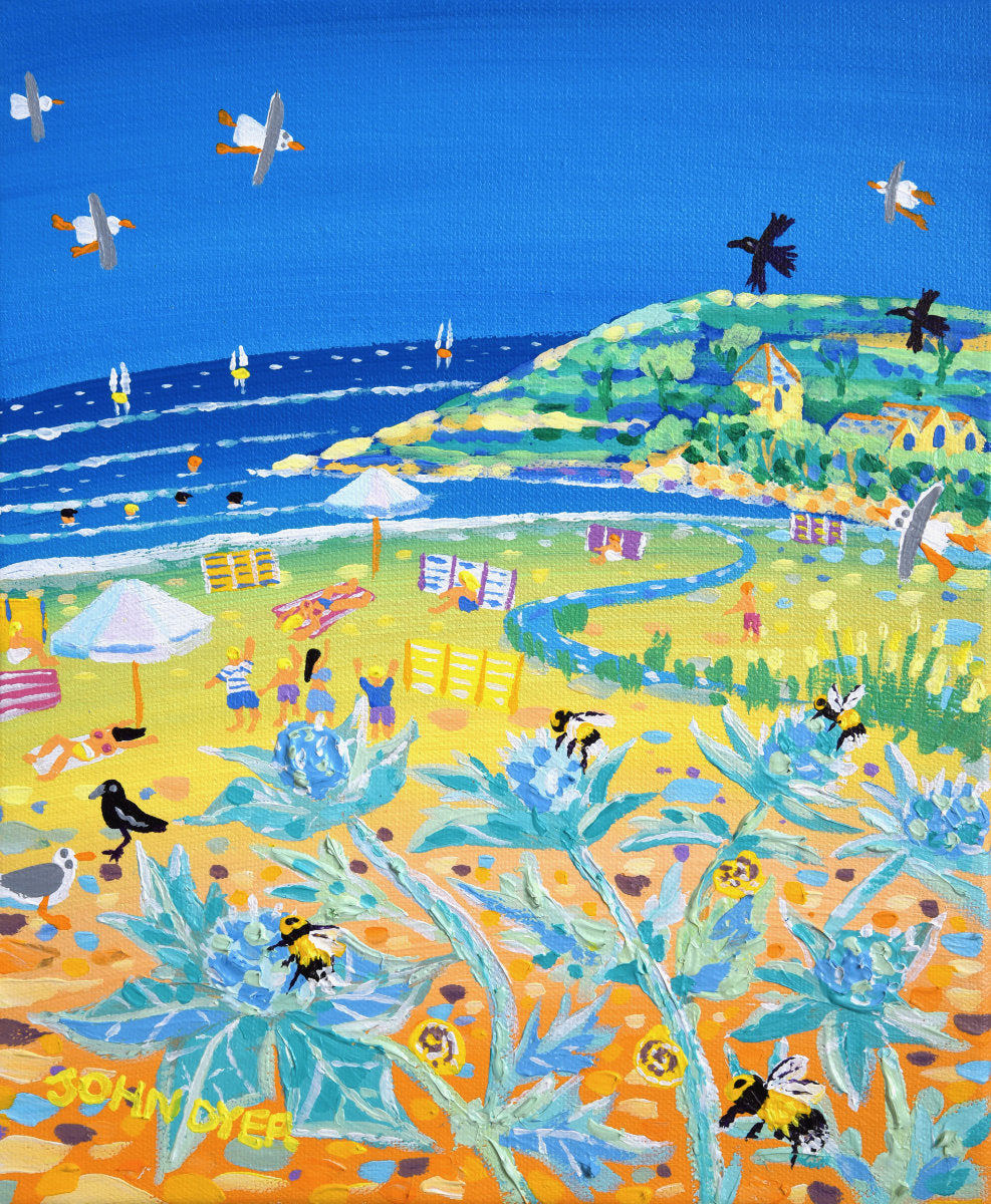 'Sea Holly and Honeybees, Gunwalloe Church Cove', 12x10 inches acrylic on canvas. Painting of Cornwall by Cornish Artist John Dyer