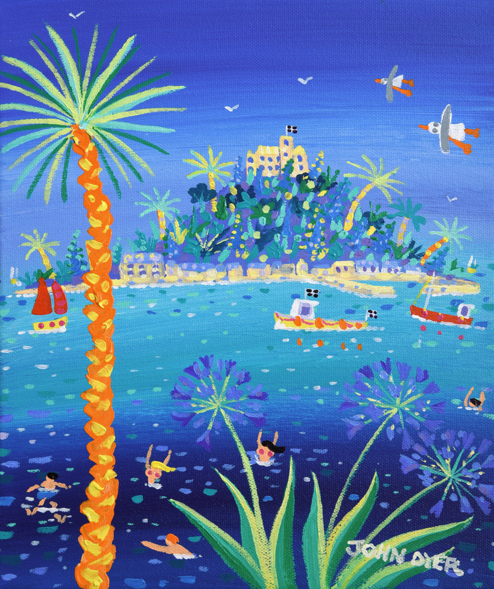 'Sea Bathers at St Michael’s Mount', 12x10 inches acrylic on canvas. Painting of Cornwall by Cornish Artist John Dyer