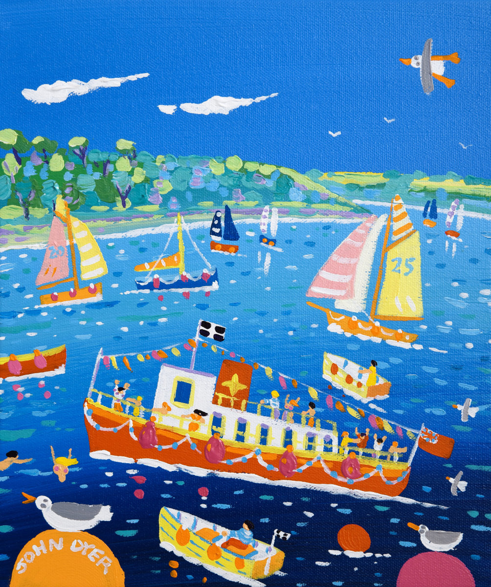 'Bunting and Boats, Falmouth', 12x10 inches acrylic on canvas. Painting of Cornwall by Cornish Artist John Dyer