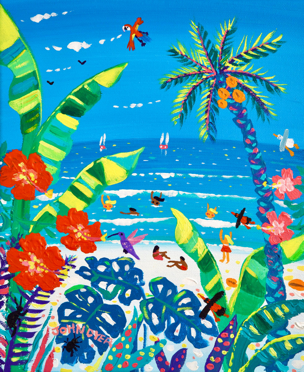 Colorful tropical scene with palm trees, flowers, and people by the ocean. 'Caribbean Beach Paradise', 12x10 inches acrylic on canvas. Painting of Costa Rica by British Artist John Dyer
