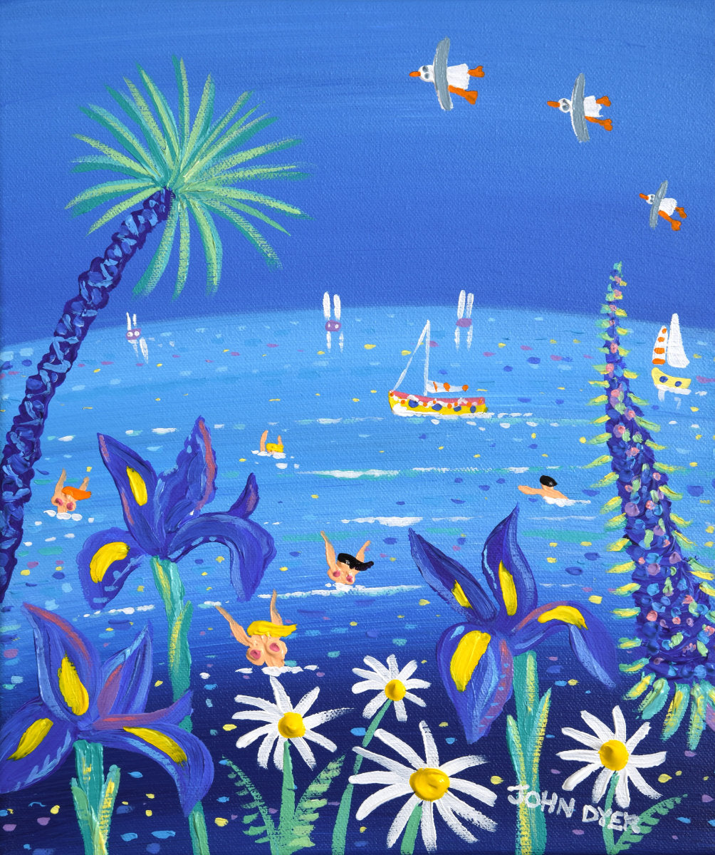 'Sea Swimmers, Falmouth', 12x10 inches acrylic on canvas. Painting of Cornwall by Cornish Artist John Dyer