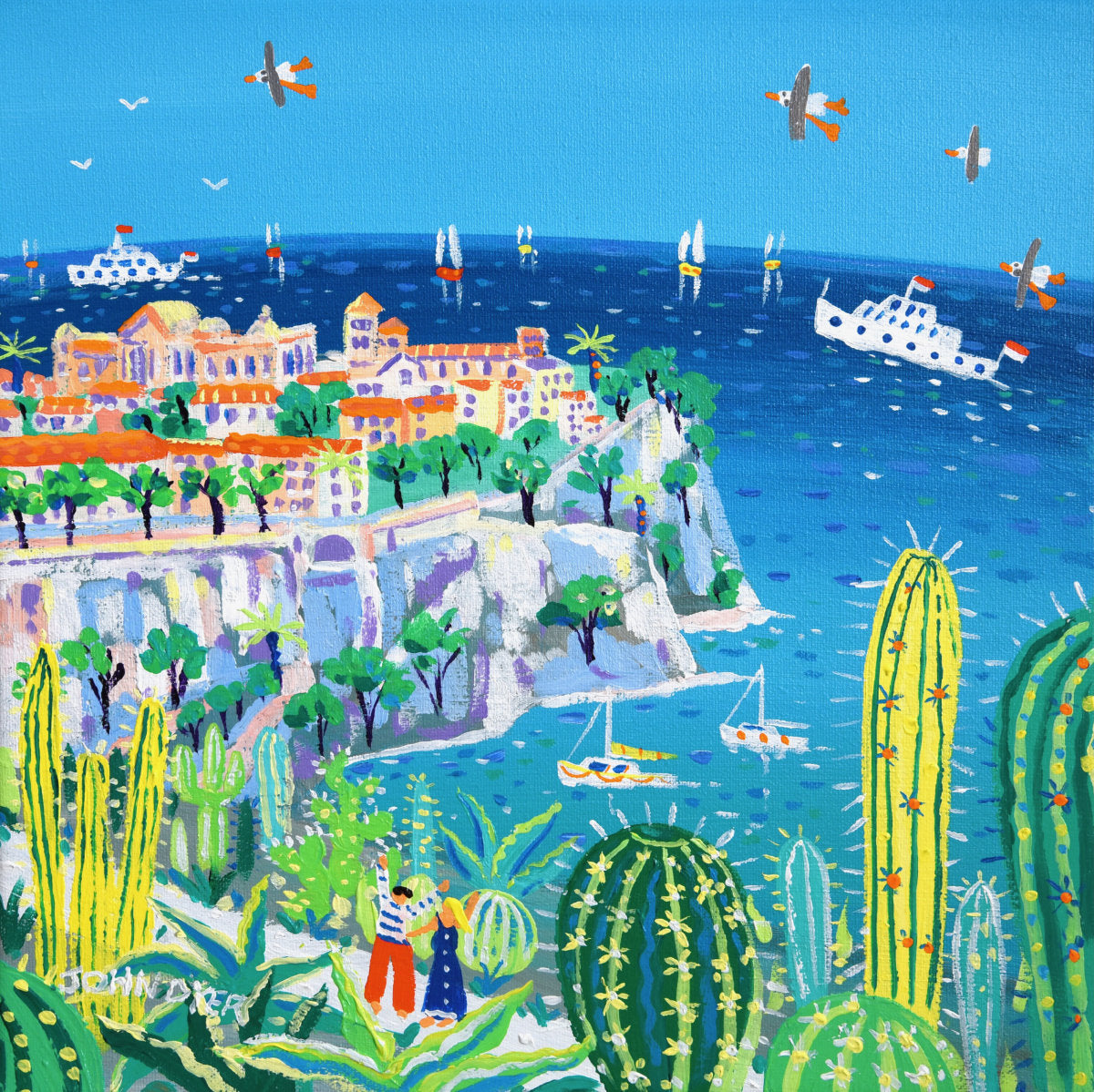 Colorful illustration of a coastal scene with buildings, cacti, and people. 'Exploring the Jardin Exotique, Monaco'. 12 x 12 inches acrylic on canvas. Painting of Monaco, France by John Dyer