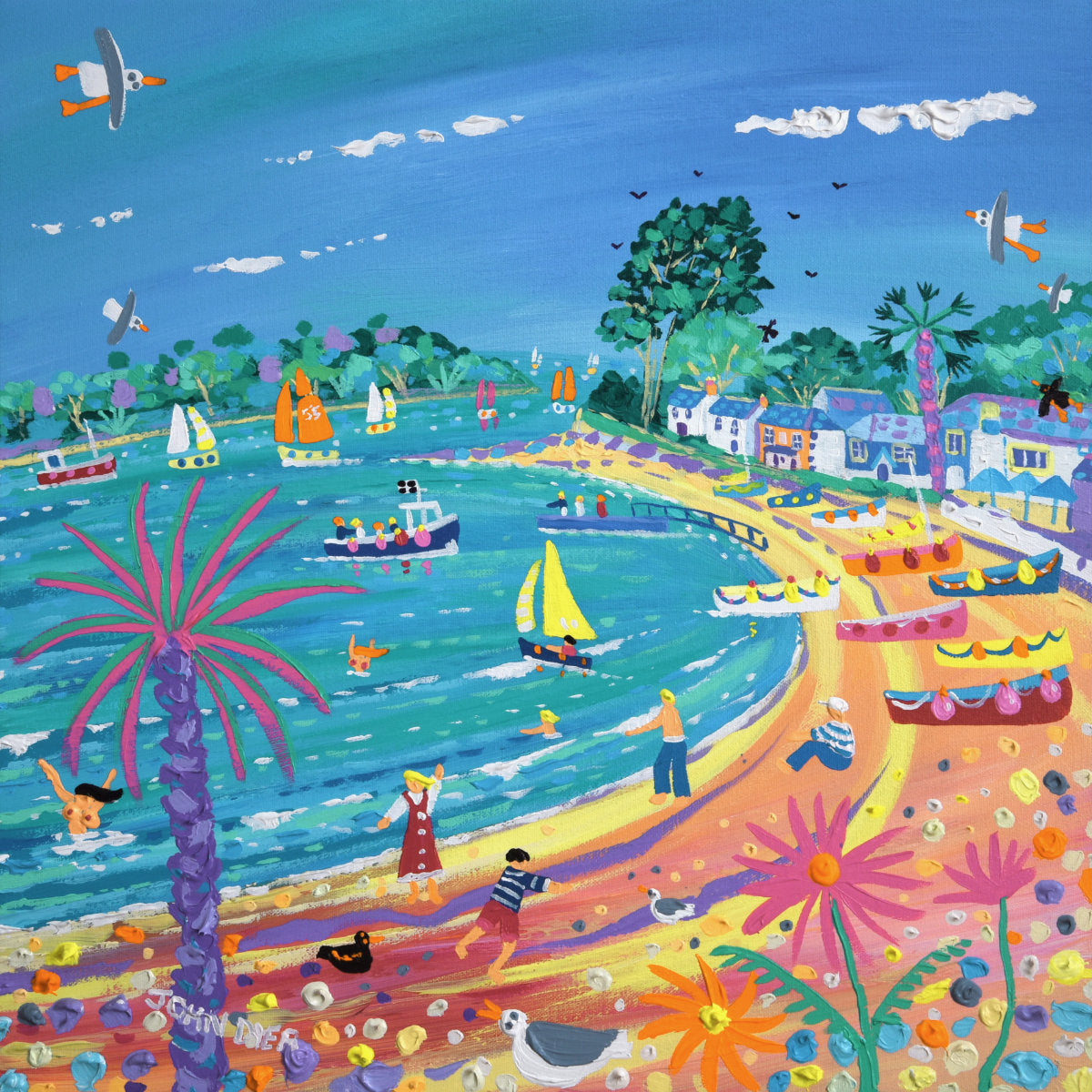 'Sun, Sand and Sailboats Helford Passage', 18x18 inches acrylic on canvas. Cornish Coastal Art Painting by British Artist John Dyer.