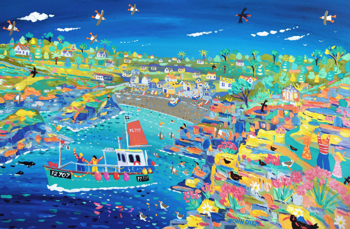 'Cadgwith Choughs and Colourful Cornish Sea', 24x36 inches acrylic on board. Cornwall Art Gallery Painting by Cornish Artist John Dyer