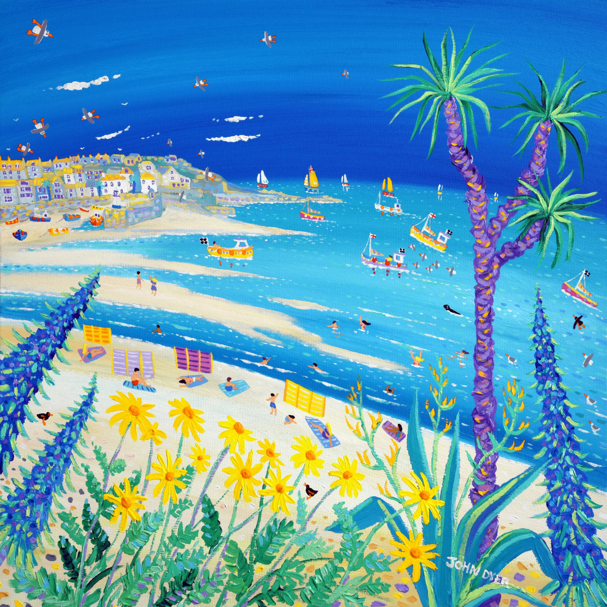 'Turquoise Tide and Cornish Light, Porthminster Beach, St Ives', 30 x 30 inches acrylic on canvas. Cornish Coastal painting by Cornish Artist John Dyer