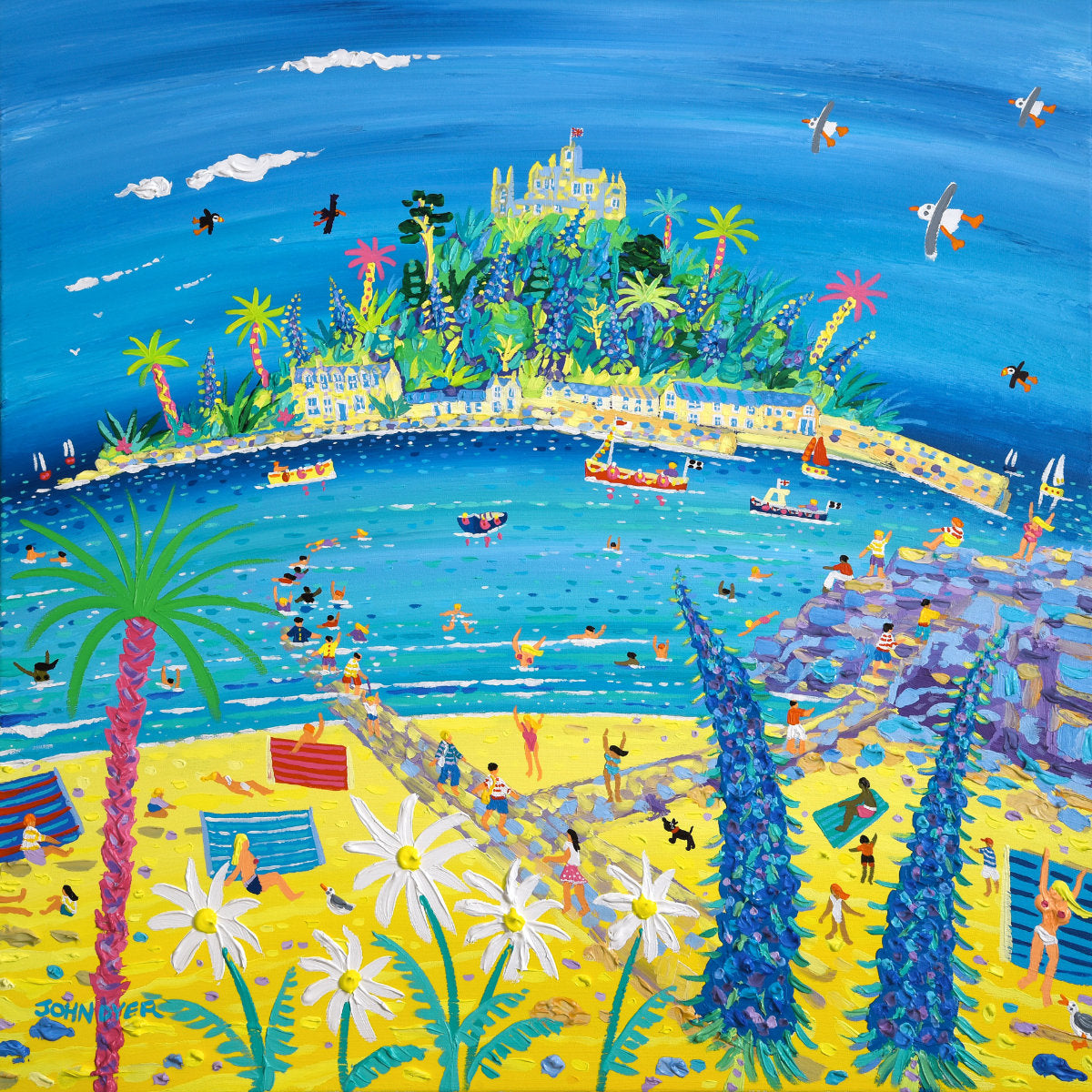 'Racing the Tide, St Michael’s Mount', 30 x 30 inches acrylic on canvas. Cornish Coastal painting by Cornish Artist John Dyer