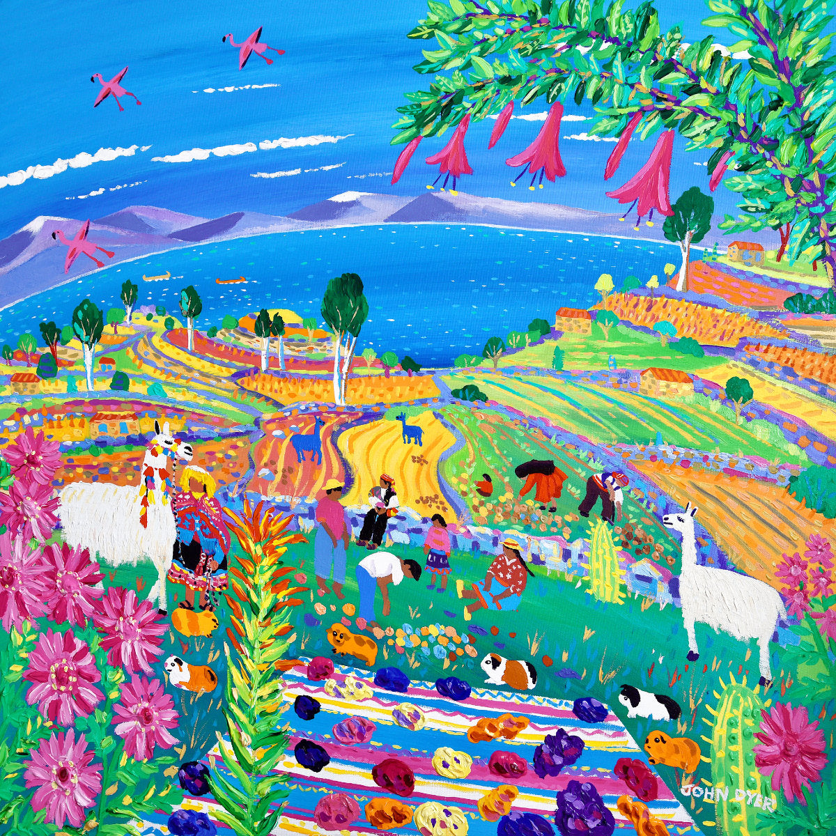 Colorful landscape with animals, flowers, and people in a garden setting. 'Colourful Potato Fiesta on Taquile Island, Peru'. 35.5 x 35.5 inches acrylic on canvas. Painting of Peru by John Dyer