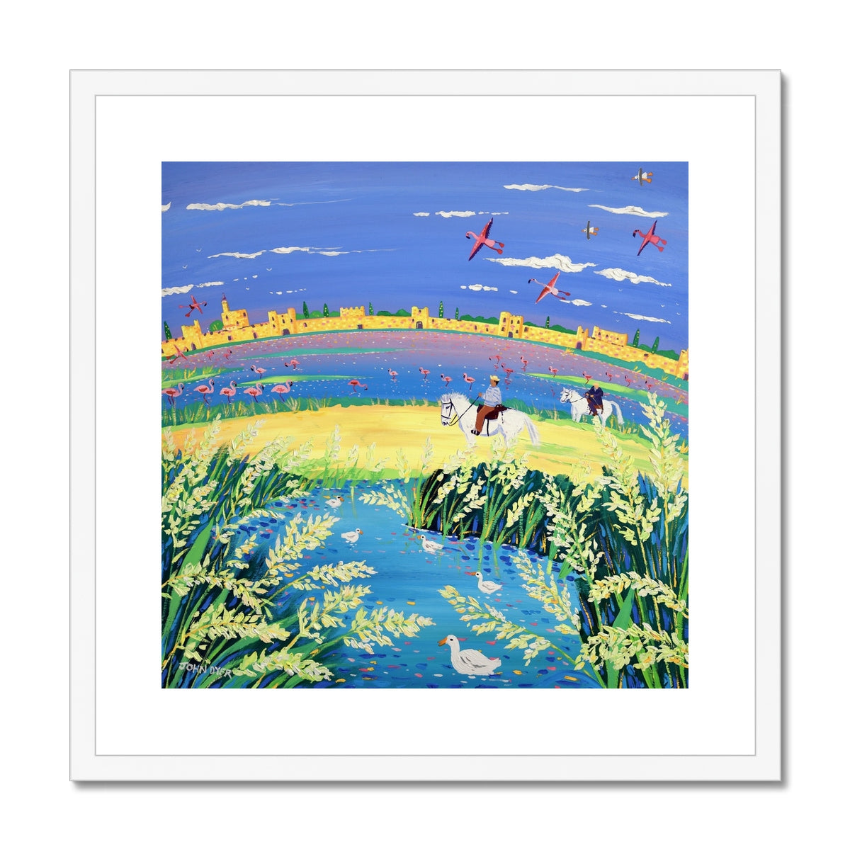 John Dyer Framed Open Edition French Art Print. 'The Spirit of the Camargue, White Horses, Rice and Flamingoes, Aigues-Mortes, Provence'.