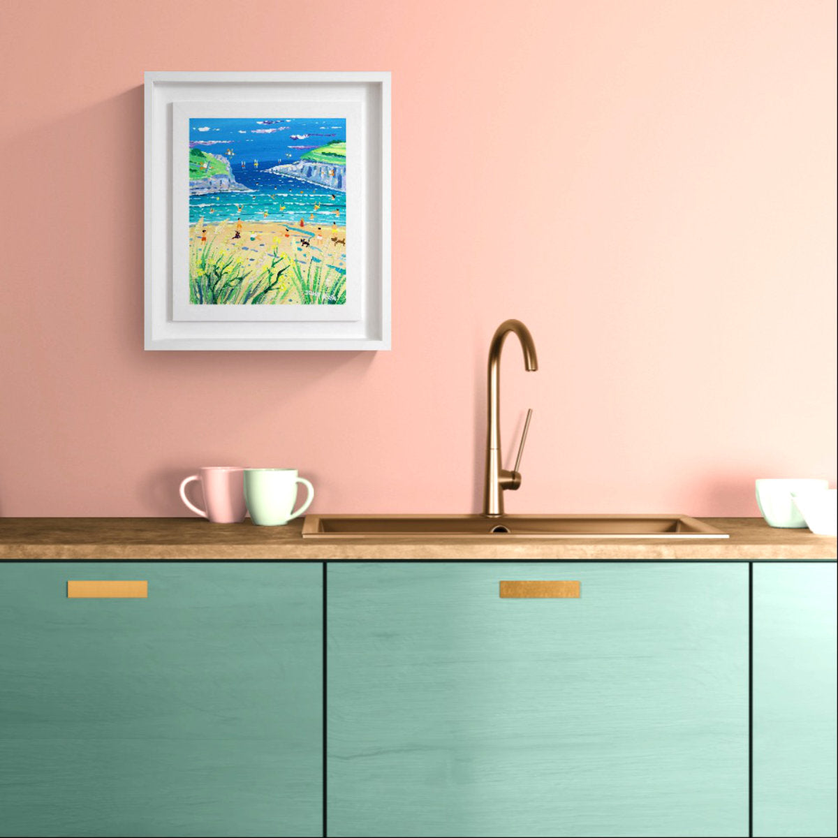 'High Tide at Polly Joke Beach', 12 x10 inches acrylic on canvas by Cornish Artist John Dyer. Aqua kitchen with a salmon peach wall and original framed painting