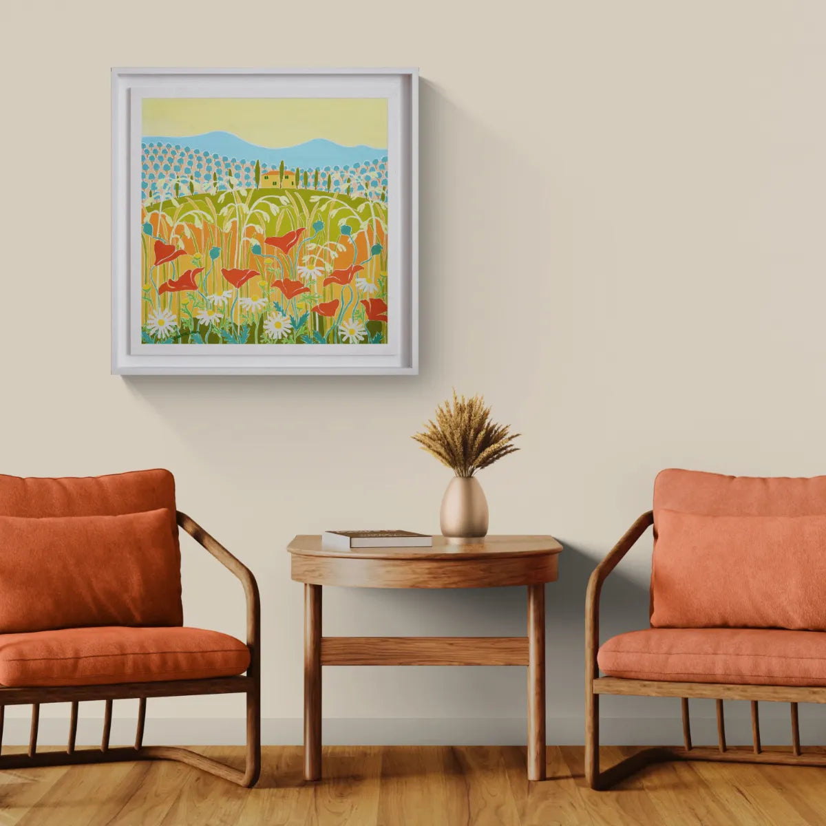 Two orange chairs with a wooden table and decorative plant in a living room setting. Una Villa in Toscana. A Villa in Tuscany, Sunset, Italy. 24x24 inch Original Italian oil Painting by Joanne Short