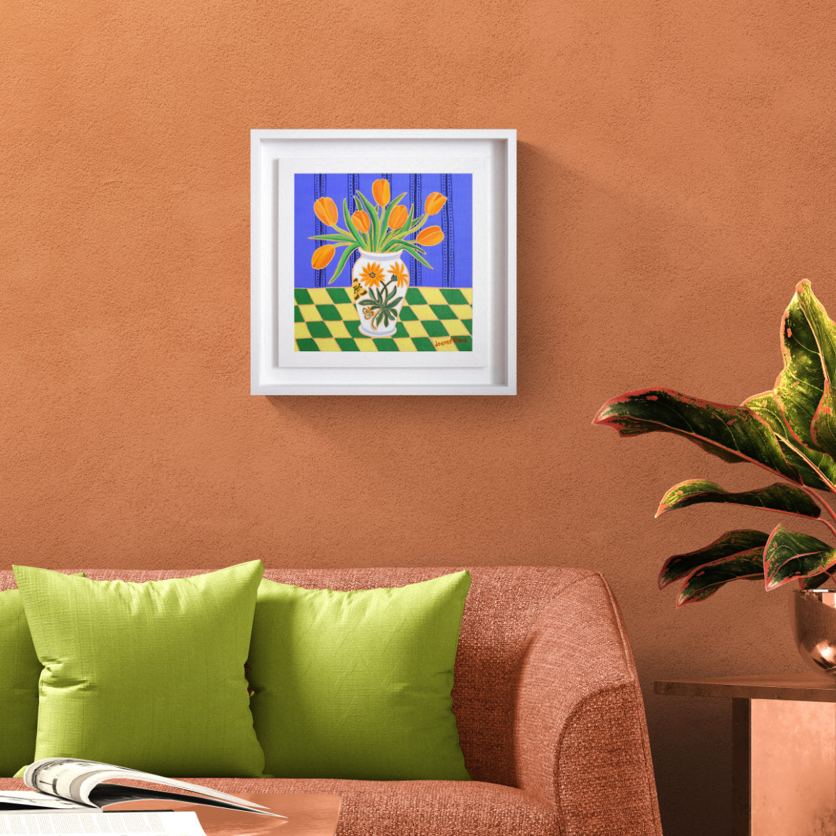 'Orange Tulips in a Cornish Kitchen'. 12 x 12 inches Original Oil Painting on Canvas by Cornish Artist Joanne Short. Room set with orange wall, lime cushions and a pot plant