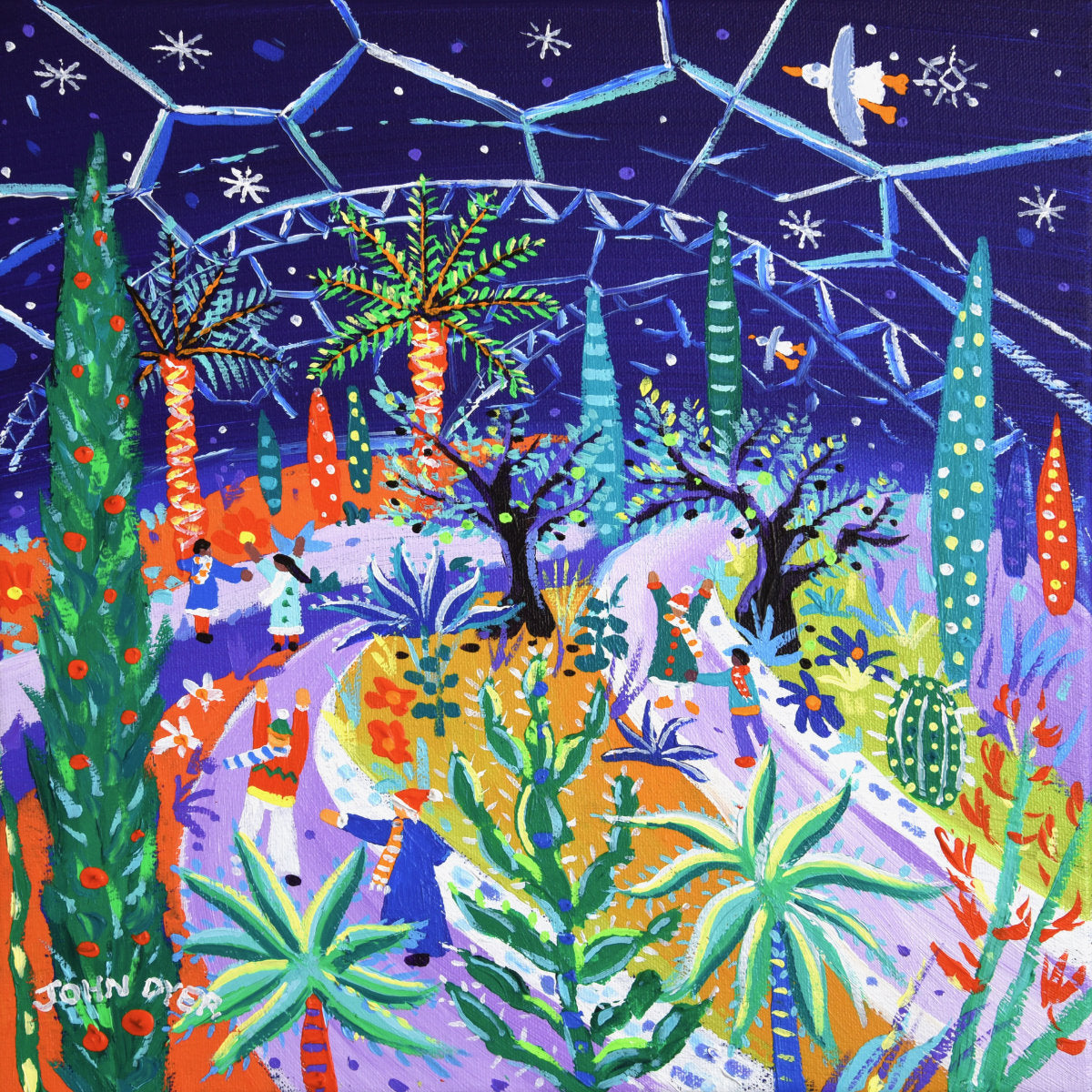 'Mediterranean Festive Fun, Eden Project'. 12 x 12 inches acrylic on canvas. Painting of the Eden Project by John Dyer
