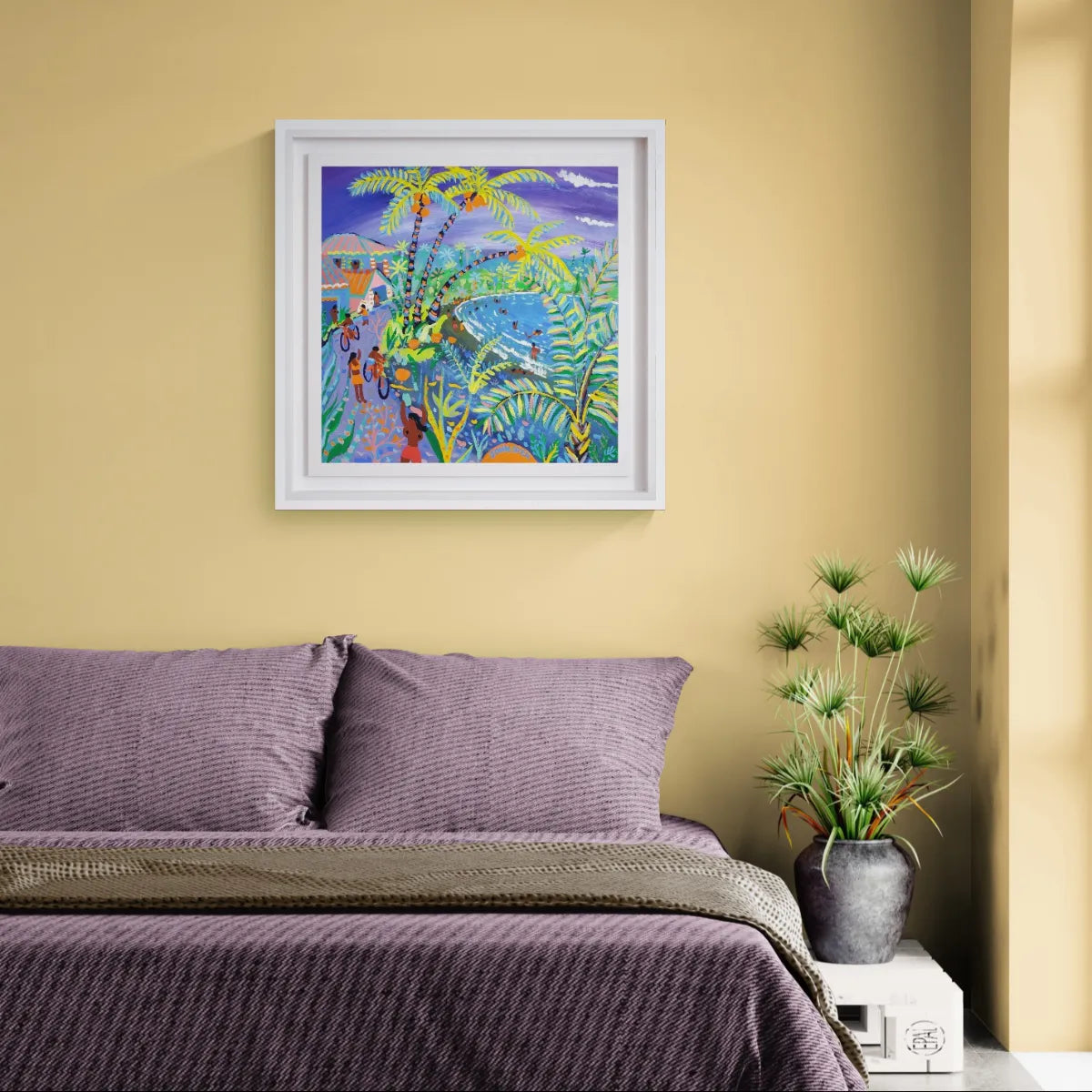 Framed colorful painting on a wall above a purple sofa with a plant beside it. John Dyer Original Painting. 'Swaying Caribbean Coconuts, Costa Rica'. 24 x 24 inches Acrylic on Canvas
