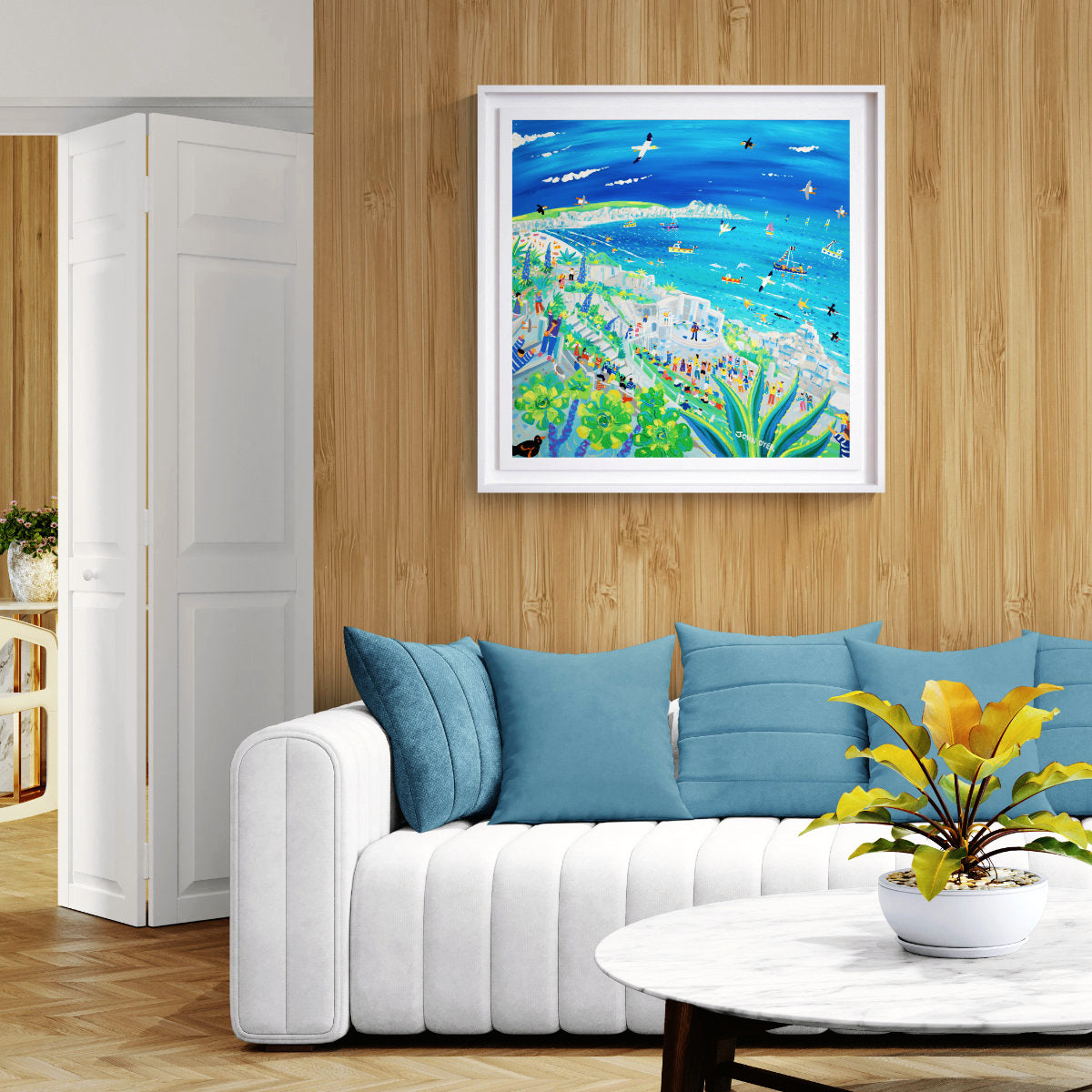 'Song on the Cornish Breeze at the Minack Theatre', 30 x 30 inches acrylic on canvas. Cornish Coastal painting by Cornish Artist John Dyer see in a contemporary room