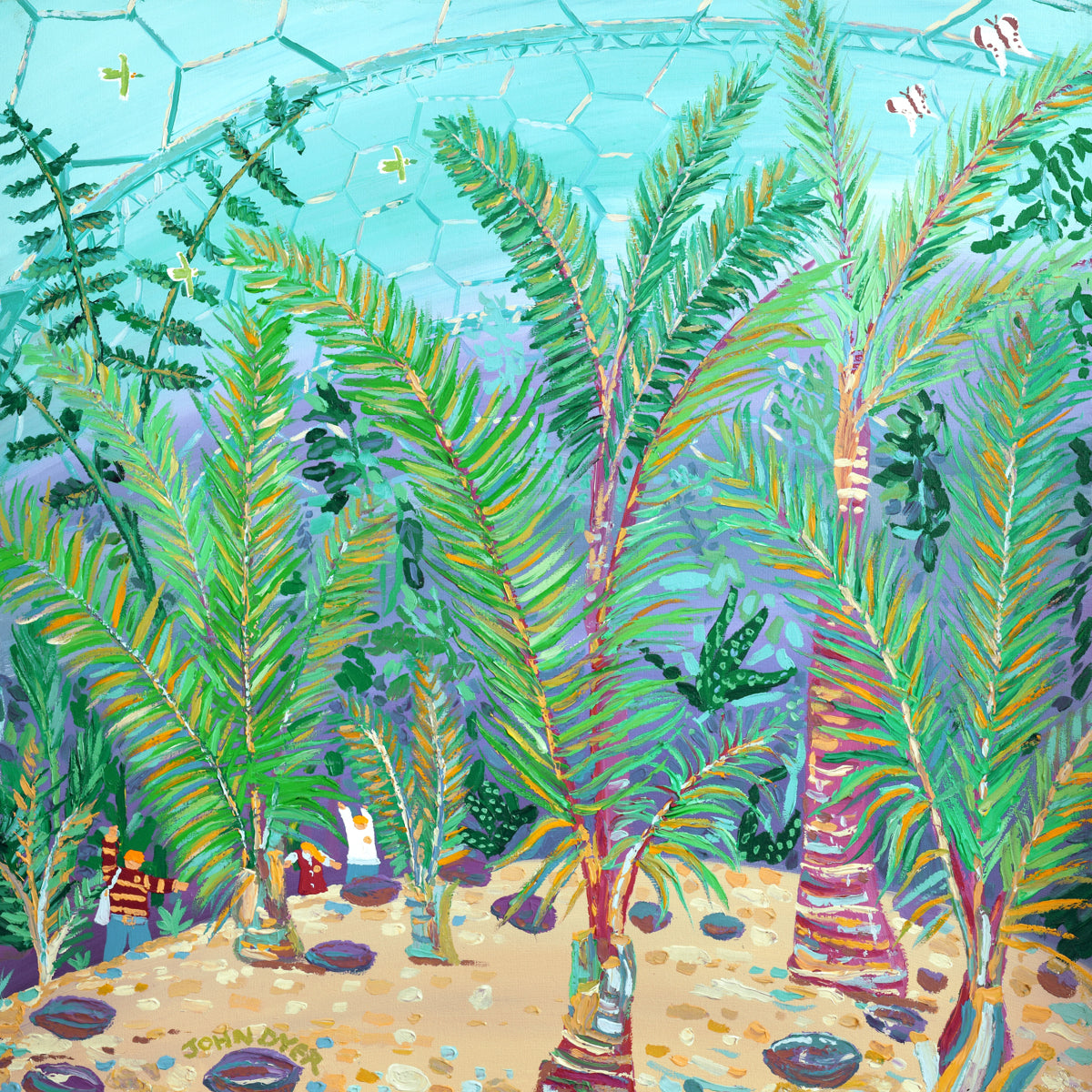 Colorful painting of palm trees and a beach scene. Original Garden Painting by John Dyer. 'Palm Beach at the Eden Project'. Cornwall Art Gallery