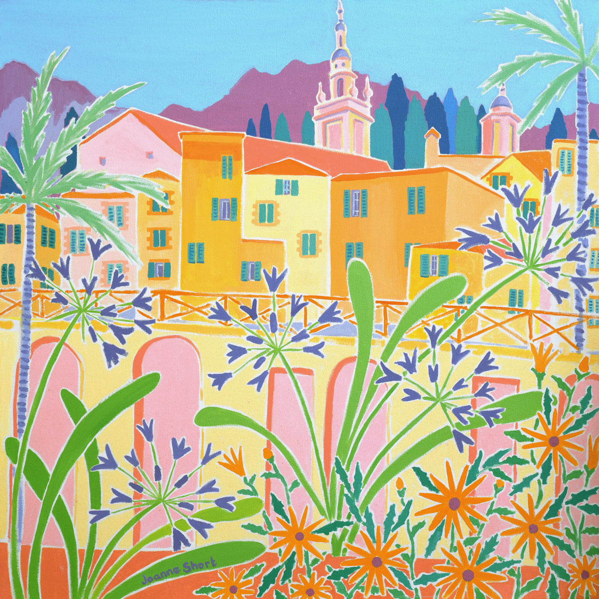 Colorful illustration of a Mediterranean town with buildings, palm trees, and flowers. Original Painting by Joanne Short. 'Agapanthus in the Old Town, Menton, France'. 24 x 24 inches oil on canvas