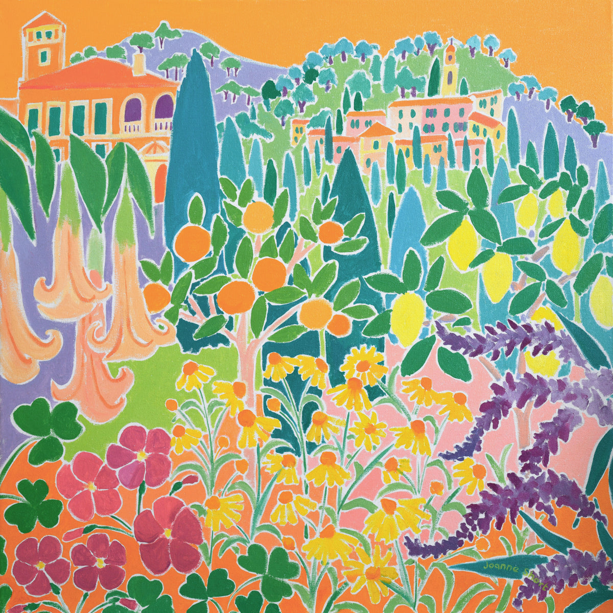 Original Painting by Joanne Short. 'Singing and Zinging, Hanbury Garden, Italy'. 24 x 24 inches oil on canvas