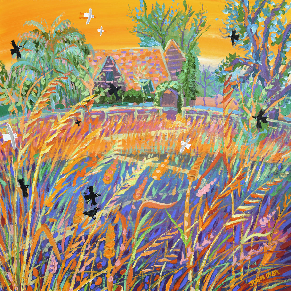 Colorful painting of a house surrounded by nature with birds and flowers. Original Painting by John Dyer. 'Sunset Grasses in the Breeze'. Kim Wilde's garden. 24 x 24 inches acrylic on canvas