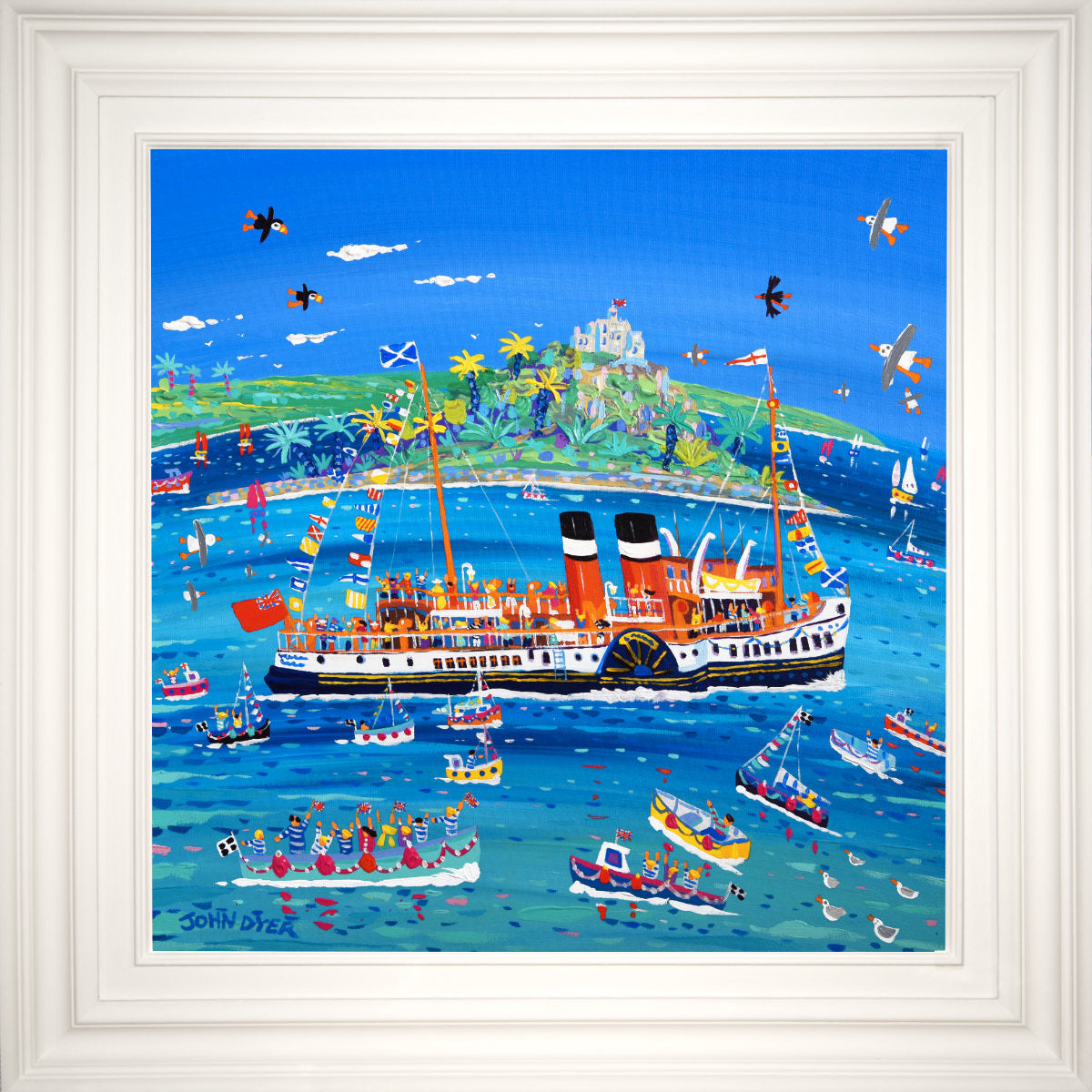 &#39;Waving at the Waverley Steaming Past St Michael’s Mount&#39;, 24x24 inches acrylic on canvas. Cornwall Painting by Cornish Artist John Dyer. Cornish Art from our Cornwall Art Gallery