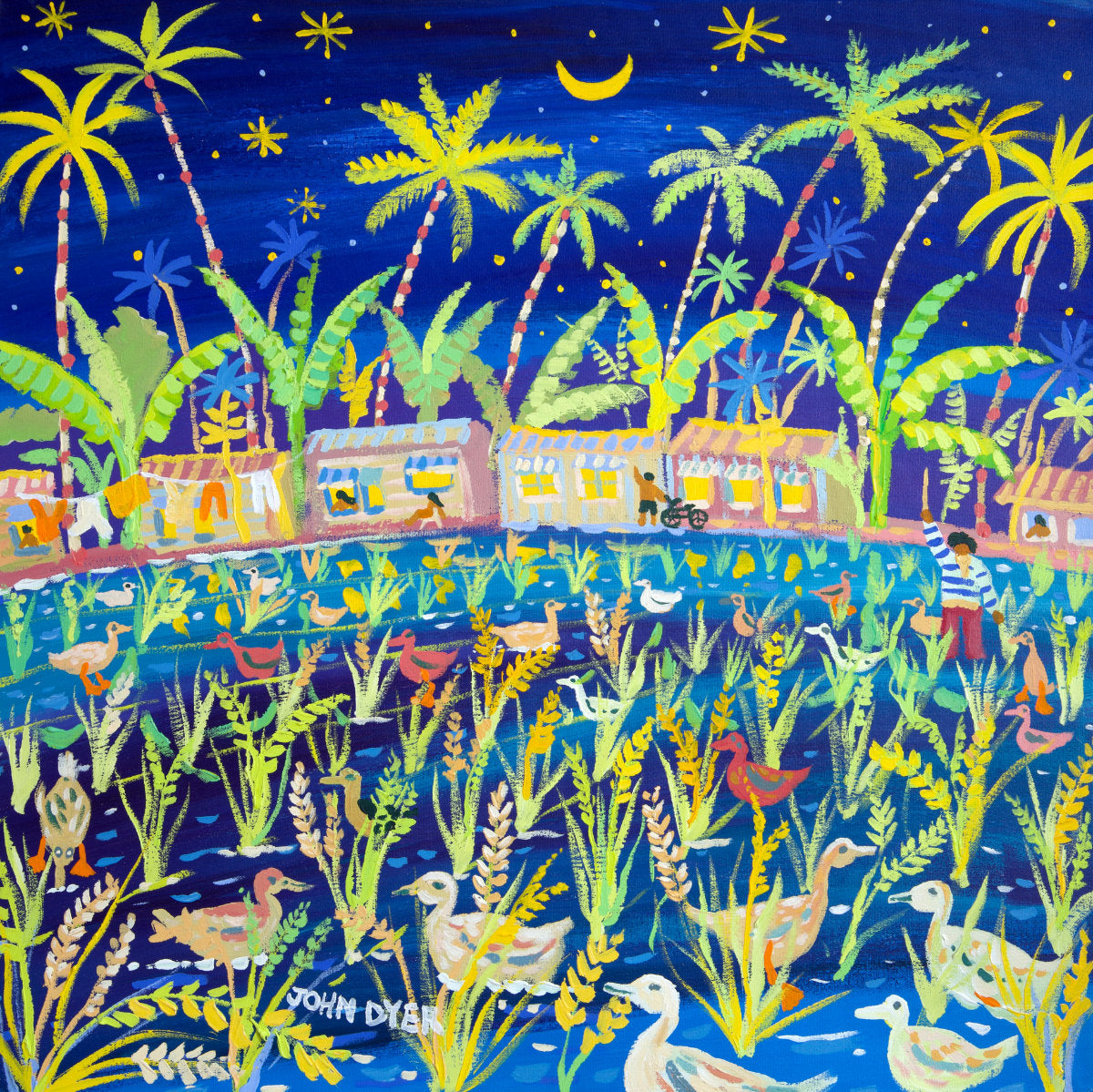 Colorful illustration of a tropical scene with palm trees, buildings, and ducks at night. 'Paddy Paddling, the Philippines Rice Harvest'. 24x24 inches acrylic on canvas. Paintings of Philippines by John Dyer from our Online Art Gallery