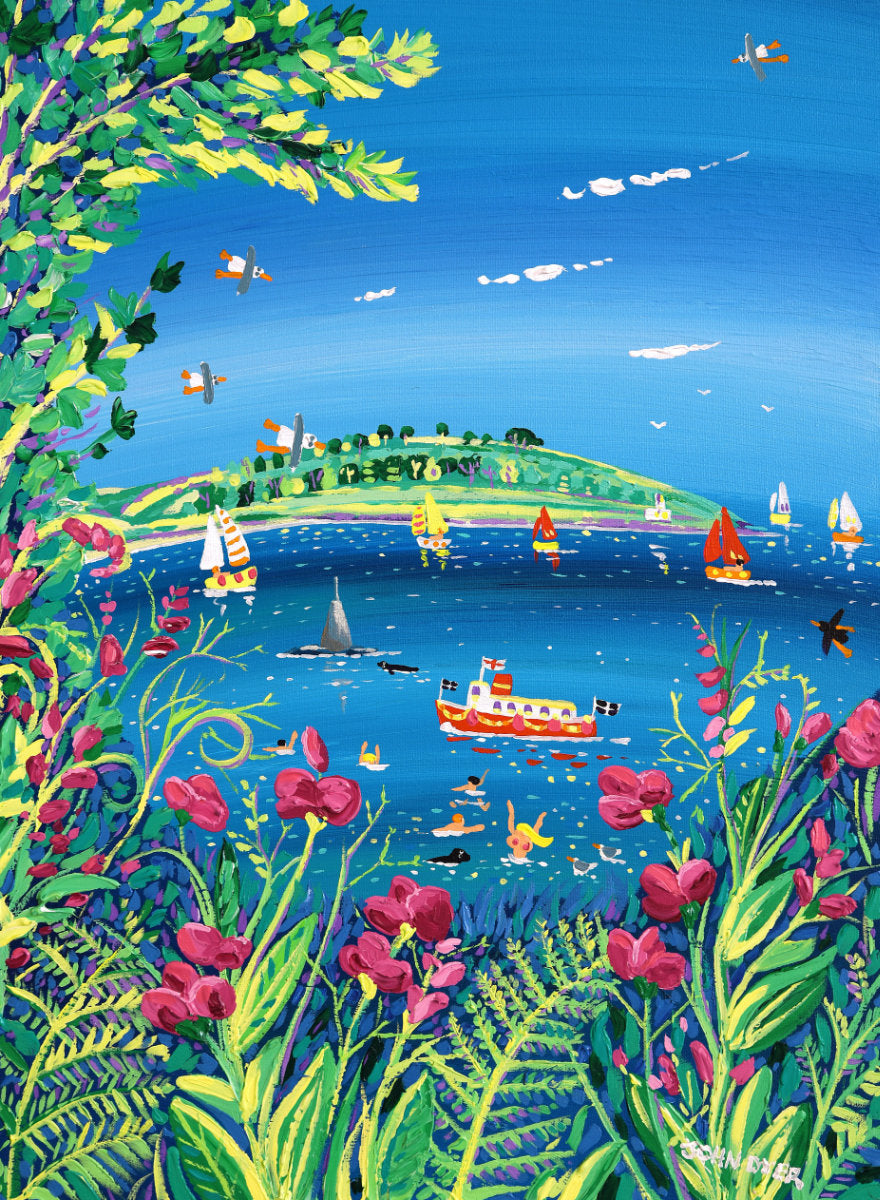 'Sweet Peas and Sailboats, Pendennis Headland, Falmouth', 24x18 inches acrylic on canvas. Coastal Painting of Cornwall by Cornish Artist John Dyer.