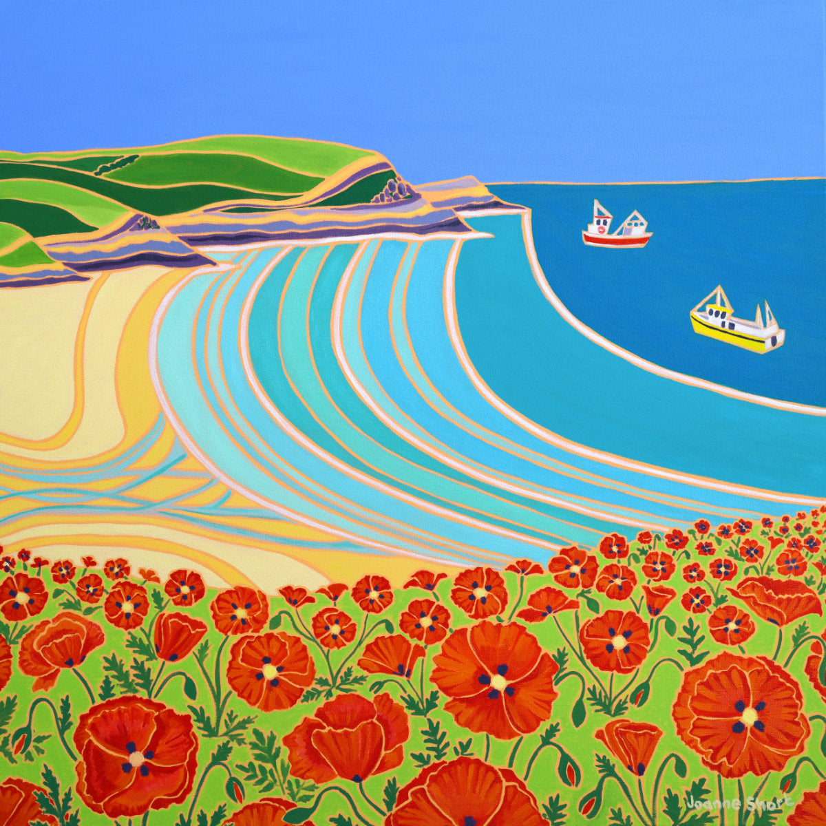 Joanne Short Original Oil Painting of Cornwall. 'Poppies Galore, Polly Joke'. 24 x 24 inches oil on canvas.