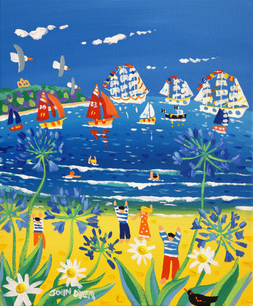 &#39;Racing Past the Beach, Falmouth Tall Ships 2023&#39;, 12x10 inches acrylic on canvas. Paintings of Cornwall. Cornish Artist John Dyer. Cornwall Art Gallery