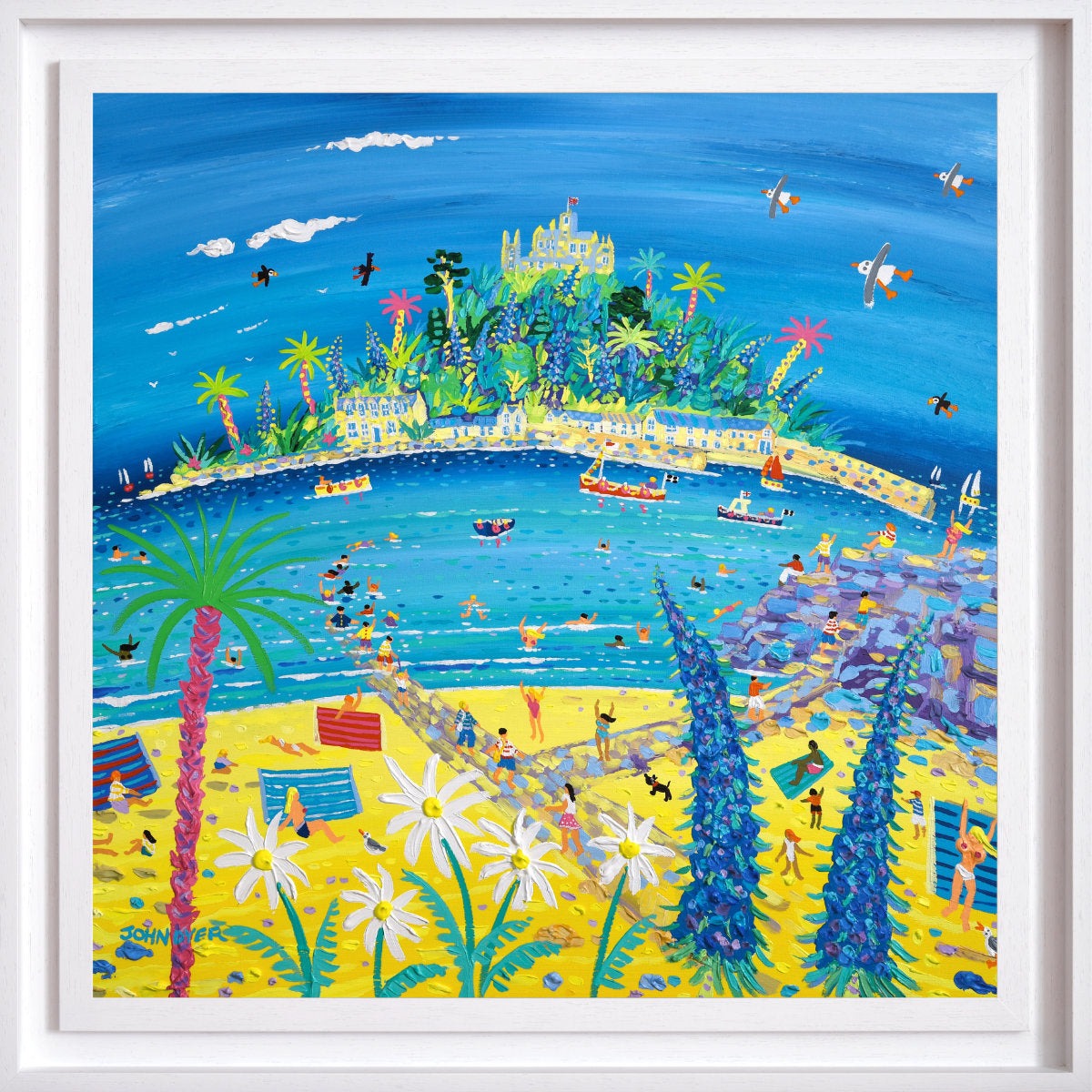 'Racing the Tide, St Michael’s Mount', 30 x 30 inches acrylic on canvas. Cornish Coastal painting by Cornish Artist John Dyer