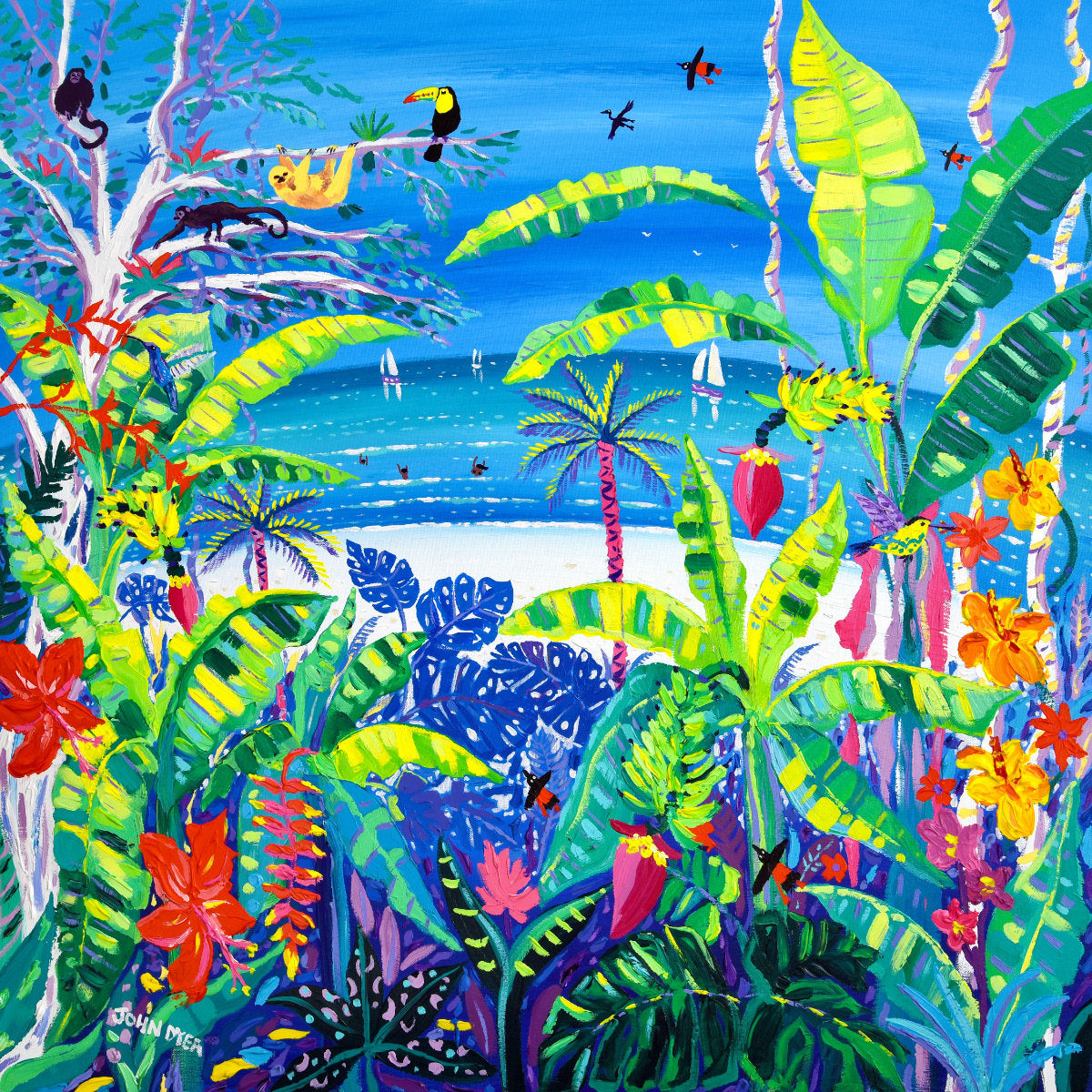 'Tropical Banana Wildlife Beach, Costa Rica', 35.5 x 35.5 inches acrylic on canvas. John Dyer Painting of the Caribbean.