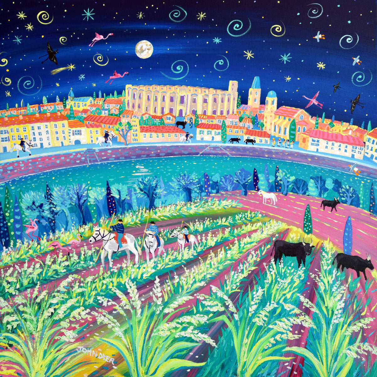 'Rice Harvest Festival, Arles, Camargue'. 35.5 x 35.5 inches acrylic on canvas. Painting of Provence, France by John Dyer