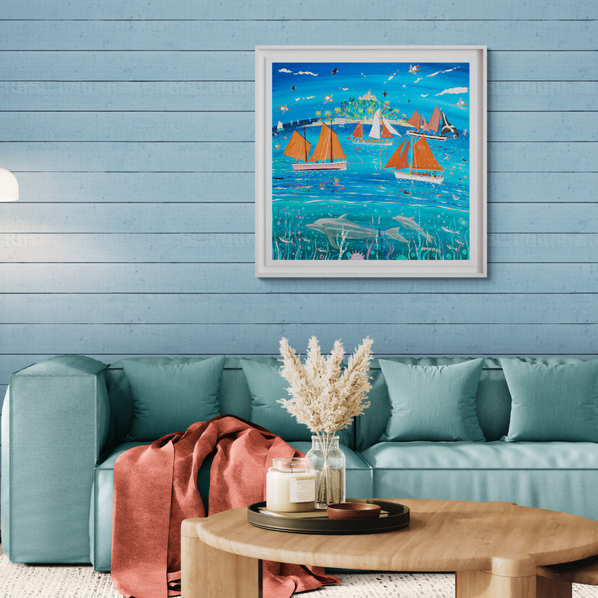 'Sailing with Dolphins, Mount’s Bay', 35.5 x 35.5 inches acrylic on canvas. John Dyer Painting of St Michael's Mount, Cornwall