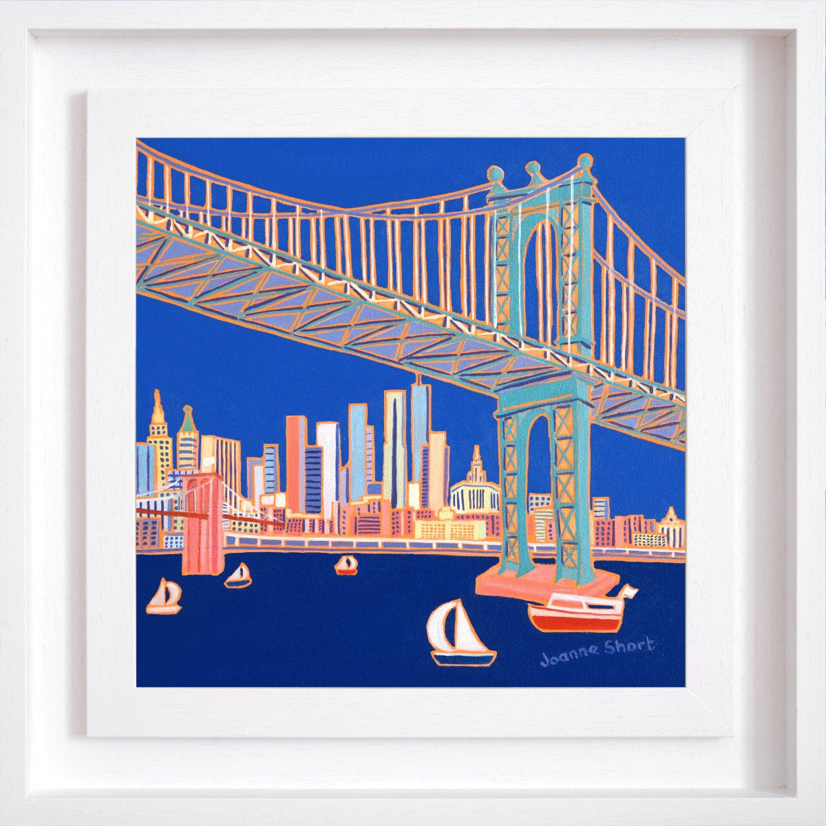 'Sailing under the Bridges, Manhattan, New York', 12x12 inches oil on canvas. Paintings of America by British Artist Joanne Short. American Art Gallery
