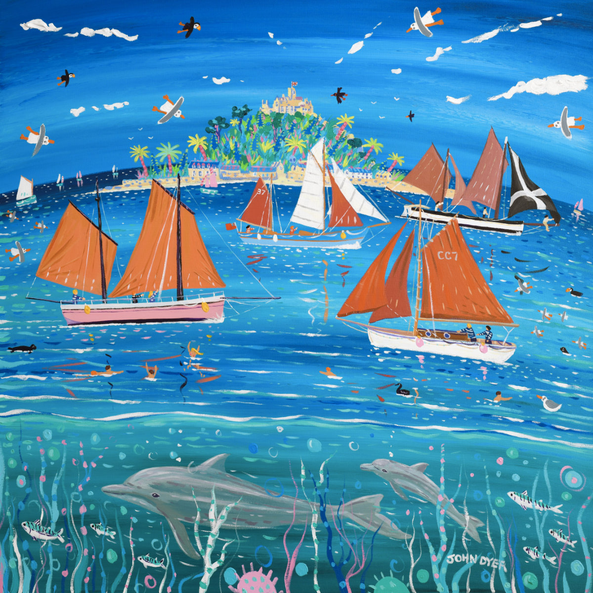 'Sailing with Dolphins, Mount’s Bay', 35.5 x 35.5 inches acrylic on canvas. John Dyer Painting of St Michael's Mount, Cornwall