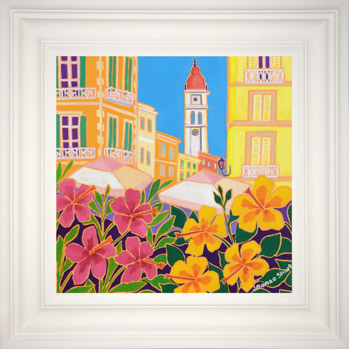 &#39;Warm Colours, Saint Spyridon, Corfu Town&#39;, 12x12 inches oil on canvas. Greece Art Gallery Painting by British Artist Joanne Short