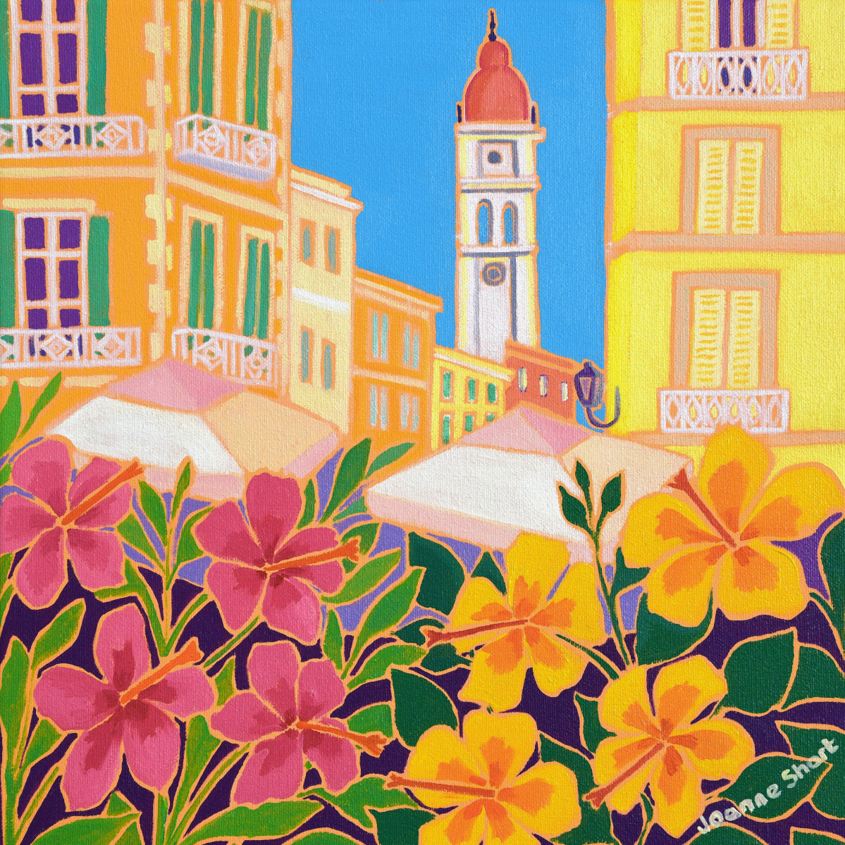 &#39;Warm Colours, Saint Spyridon, Corfu Town&#39;, 12x12 inches oil on canvas. Greece Art Gallery Painting by British Artist Joanne Short