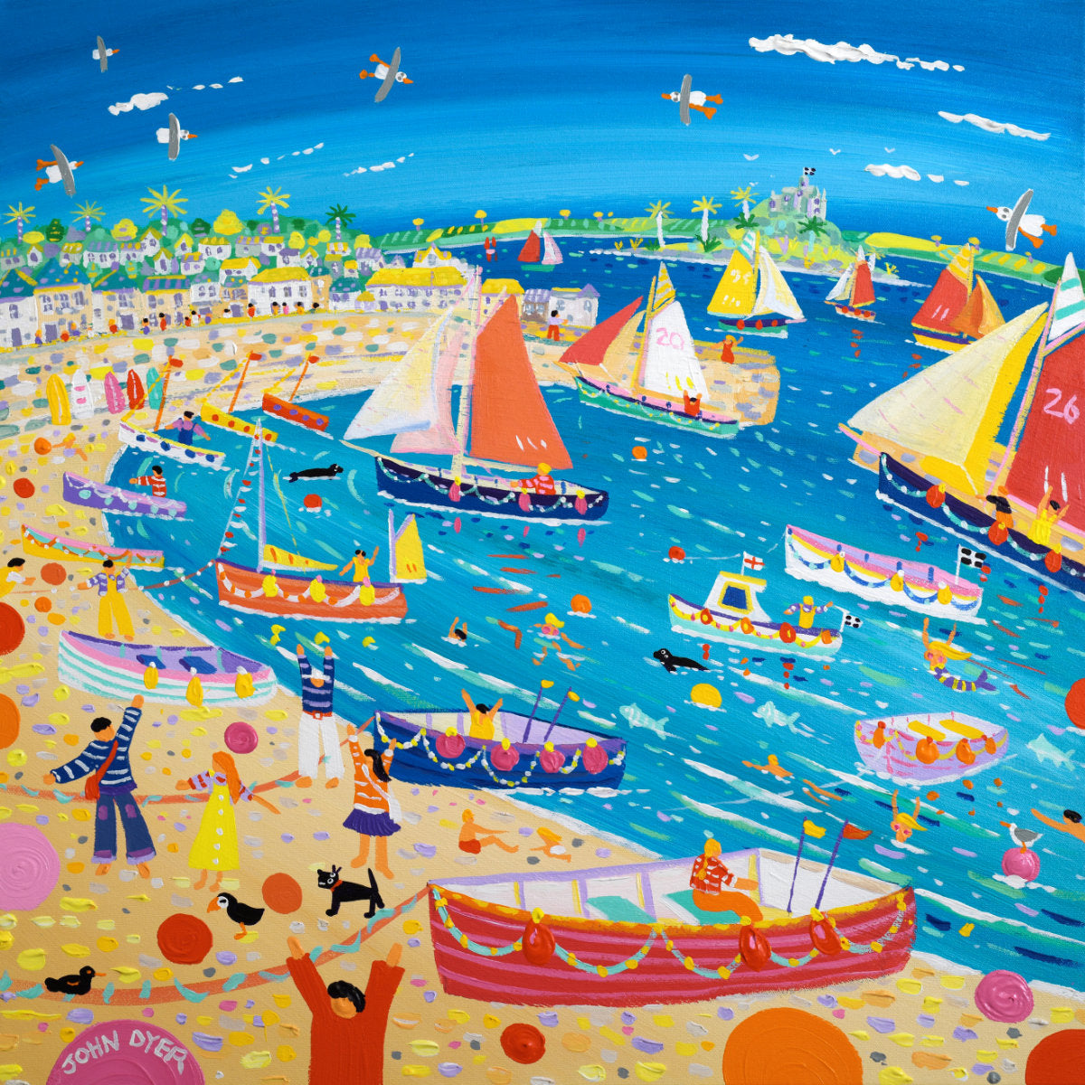 A colorful, busy coastal scene painting with sailboats on blue water, a sandy beach, small boats, people, birds, and buildings. 'Sea Salts and Sail Festival, Mousehole', 24 x 24 inches acrylic on canvas. Original Painting by Cornish Artist John Dyer.