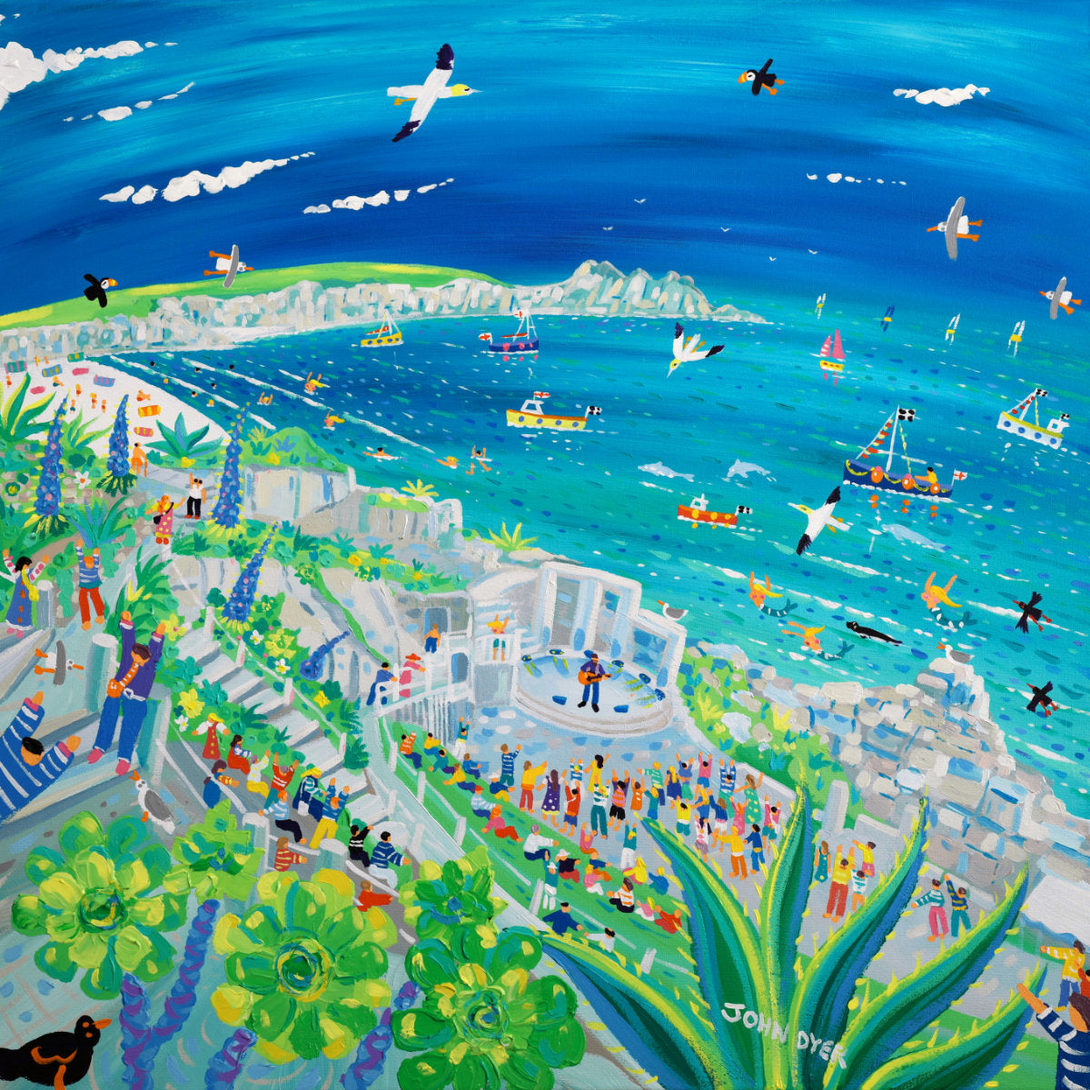'Song on the Cornish Breeze at the Minack Theatre', 30 x 30 inches acrylic on canvas. Cornish Coastal painting by Cornish Artist John Dyer
