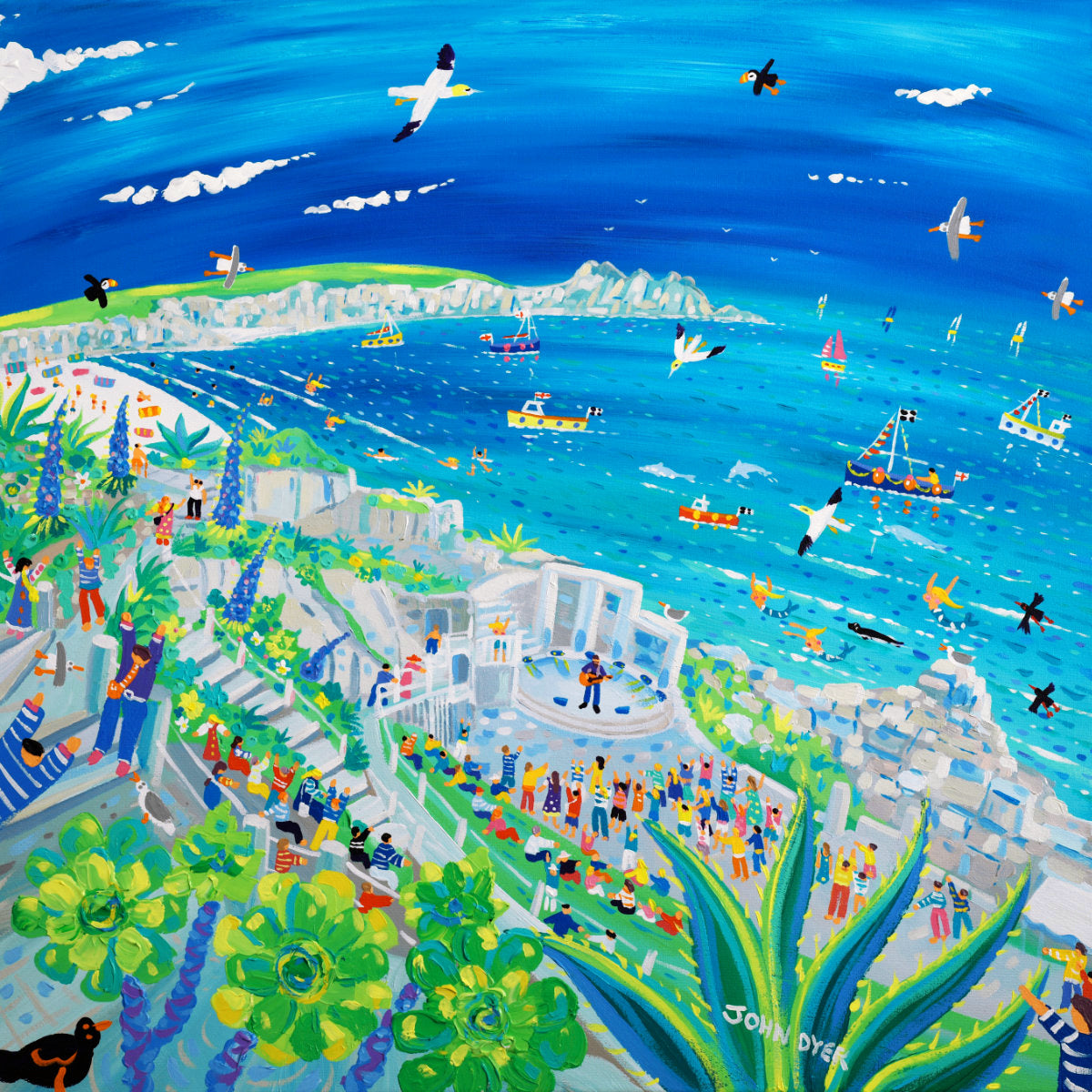 'Song on the Cornish Breeze at the Minack Theatre', 30 x 30 inches acrylic on canvas. Cornish Coastal painting by Cornish Artist John Dyer