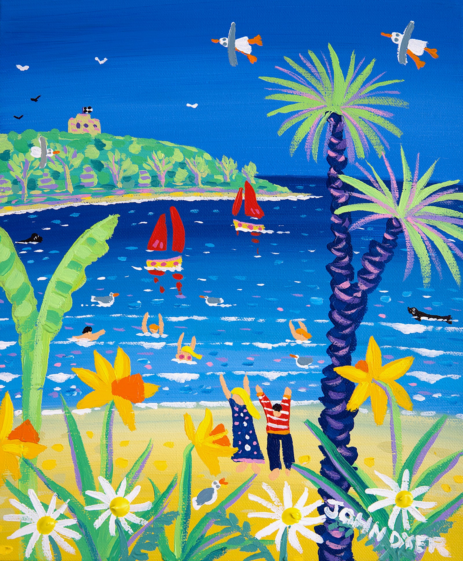 Limited Edition Print by Cornish Artist John Dyer. 'Springtime Dip, Castle Beach, Falmouth'. Cornwall Art Gallery Print.