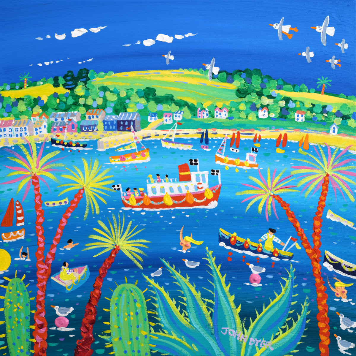 'Summer Colours on the River, Falmouth’, 18 x 18 inches acrylic on canvas. Cornish Coastal Art. Painting by Artist John Dyer