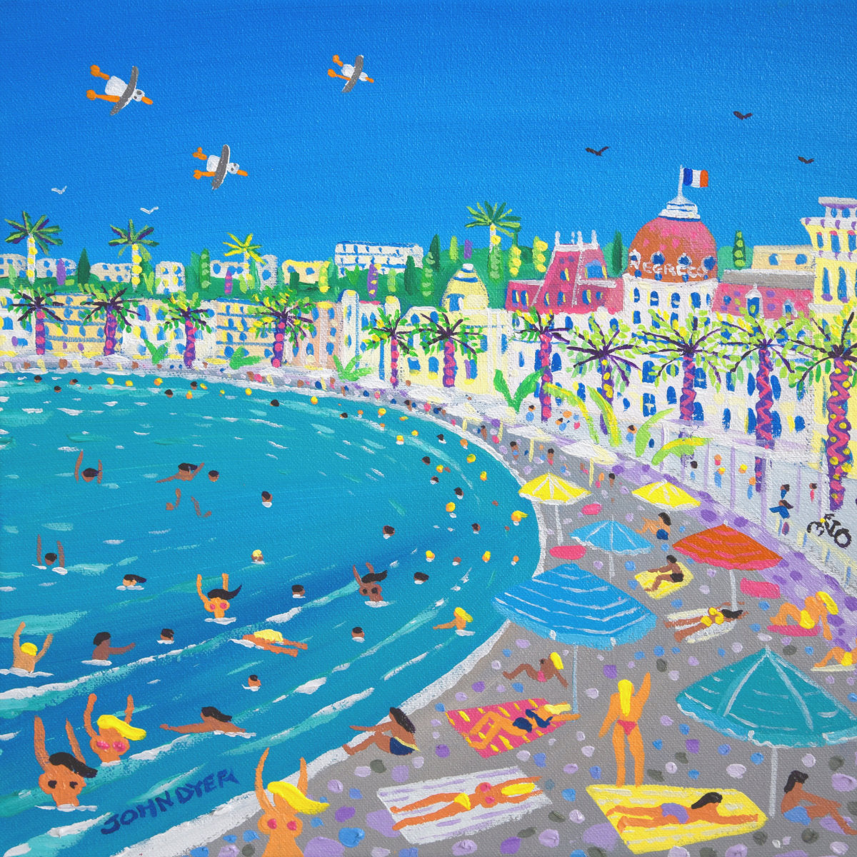 Colorful illustration of a beach scene with people, umbrellas, and buildings. 'Swimming in the Bay of Angels, Nice'. 12 x 12 inches acrylic on canvas. Painting of the South of France by John Dyer