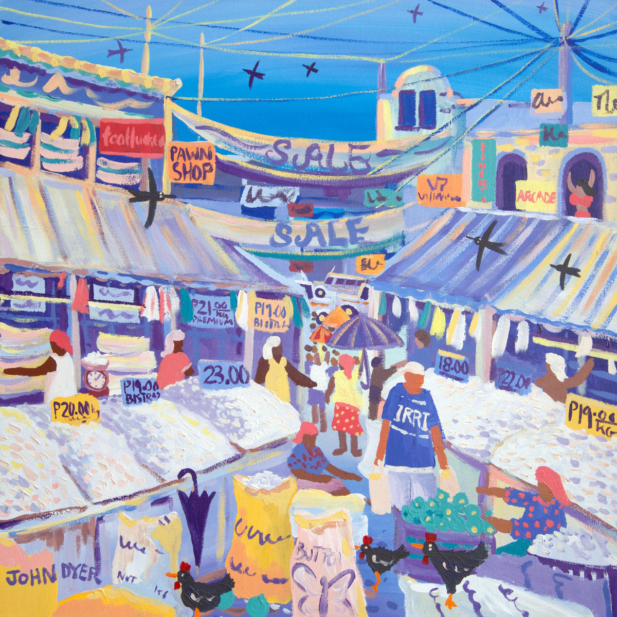 Colorful painting of a bustling market scene with people and stalls. 'The Rice Market, Los Baños, the Philippines'. 24x24 inches acrylic on canvas. Paintings of Philippines by John Dyer from our Online Art Gallery