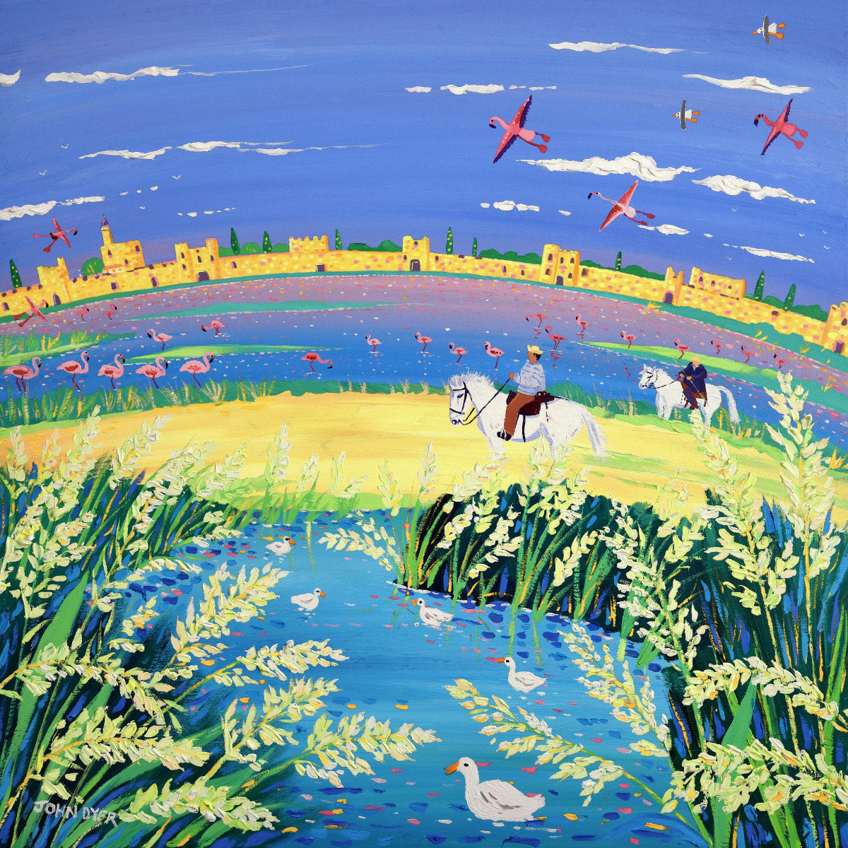 Colorful painting of a landscape with people on horses, flamingos. 'The Spirit of the Camargue, Rice and Flamingoes, Aigues-Mortes'. 35.5 x 35.5 inches acrylic on canvas. Painting of Provence, France by John Dyer