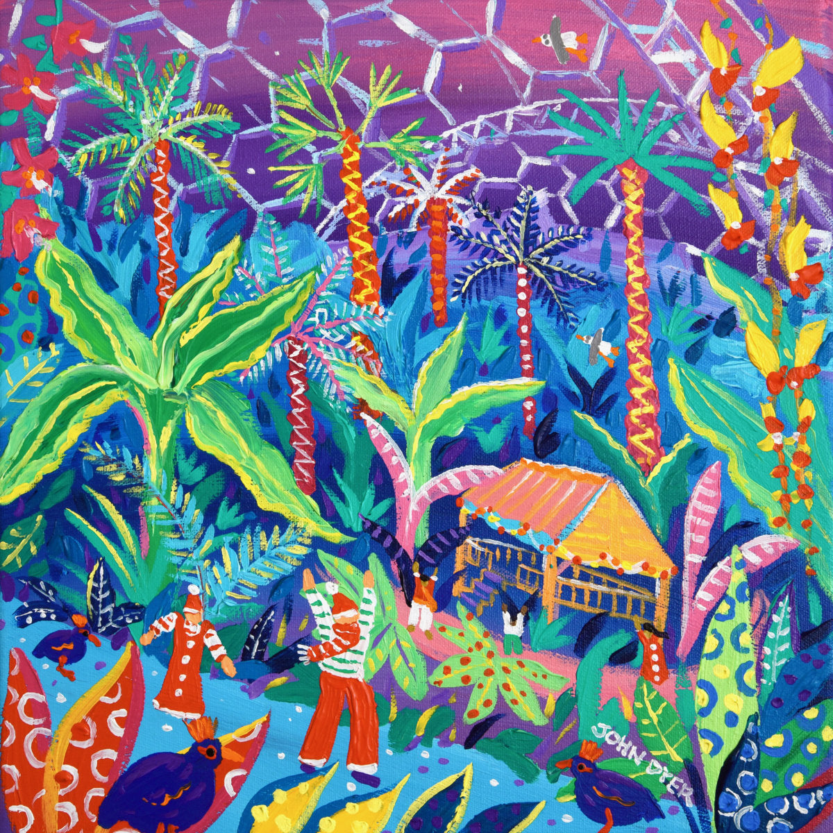 'Tropical Christmas Adventure, Eden Project'. 12 x 12 inches acrylic on canvas. Painting of the Eden Project by John Dyer