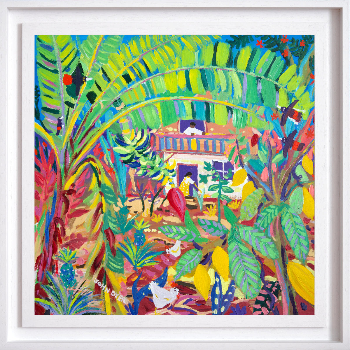Colorful tropical scene with people and plants. 'Tropical Home Garden, Costa Rica', 24x24 inches acrylic on canvas. Tropical Costa Rica Painting by British Artist John Dyer