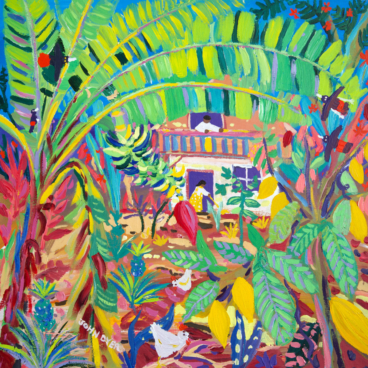 Colorful tropical scene with people and plants. 'Tropical Home Garden, Costa Rica', 24x24 inches acrylic on canvas. Tropical Costa Rica Painting by British Artist John Dyer