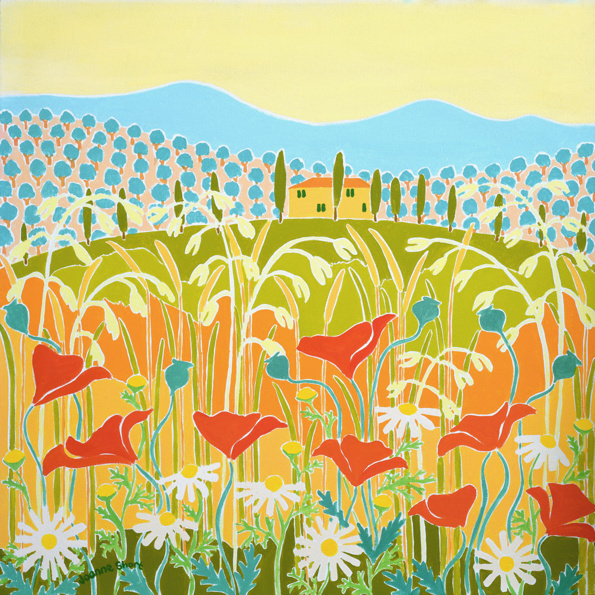 Colourful illustration of a field with flowers and a house in the distance. Una Villa in Toscana. A Villa in Tuscany, Sunset, Italy. 24x24 inch Original Italian oil Painting by Joanne Short