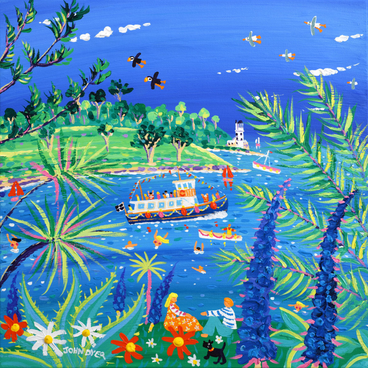 'Watching the Ferry go by, St Mawes’, 18 x 18 inches acrylic on canvas. Cornish Coastal Art. Painting by Artist John Dyer